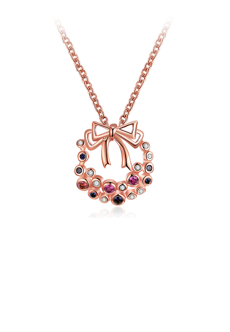Plated Rose Gold Bow Pendant with Colorful Austrian Element Crystal and Necklace
