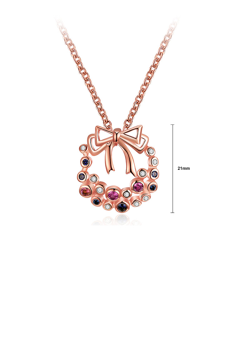 Plated Rose Gold Bow Pendant with Colorful Austrian Element Crystal and Necklace