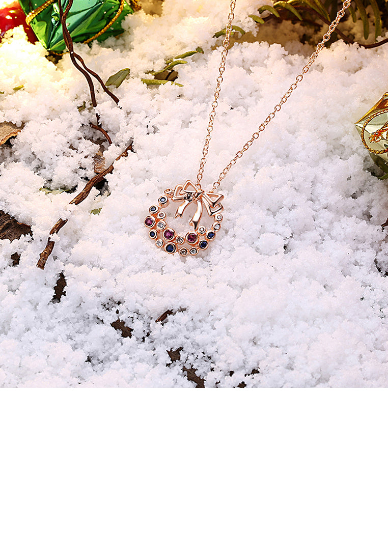 Plated Rose Gold Bow Pendant with Colorful Austrian Element Crystal and Necklace