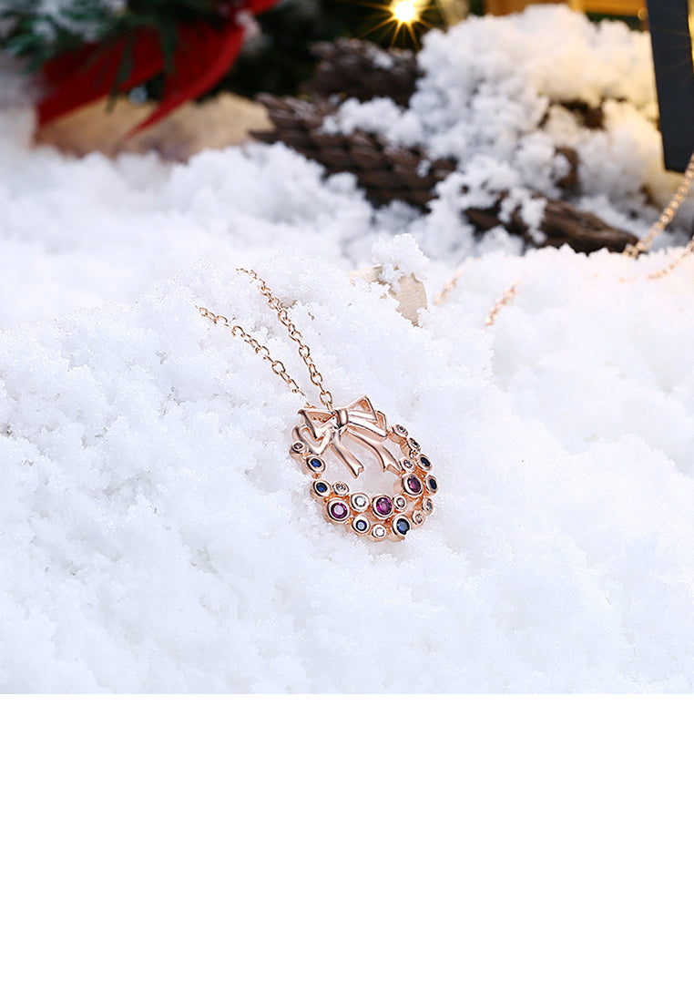 Plated Rose Gold Bow Pendant with Colorful Austrian Element Crystal and Necklace