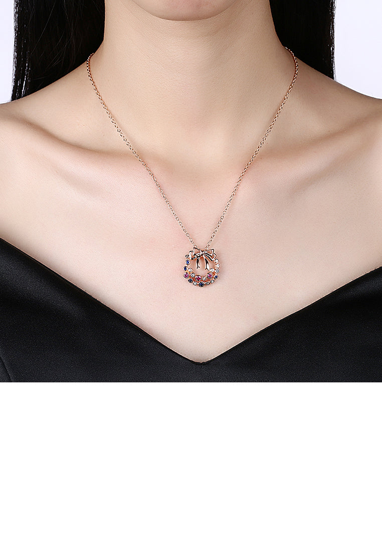 Plated Rose Gold Bow Pendant with Colorful Austrian Element Crystal and Necklace