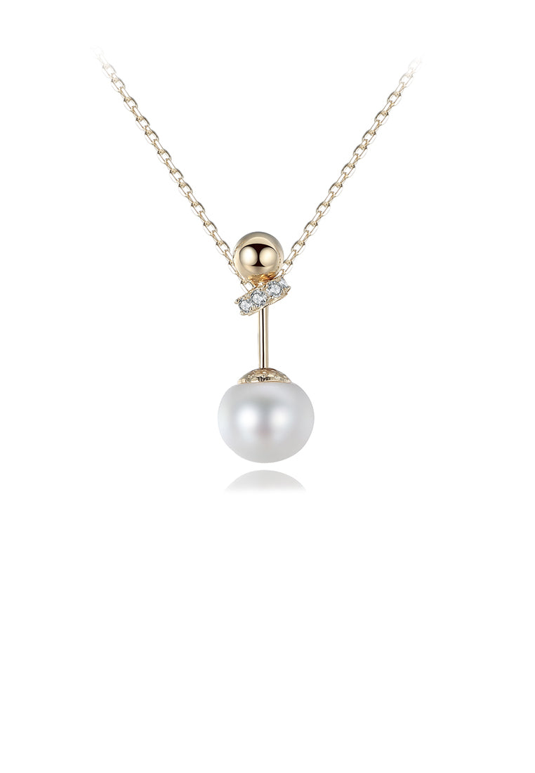 925 Sterling Silver Plated Gold Simple Fashion Geometric Round White Freshwater Pearl Pendant with Cubic Zircon and Necklace - Luxurious Look