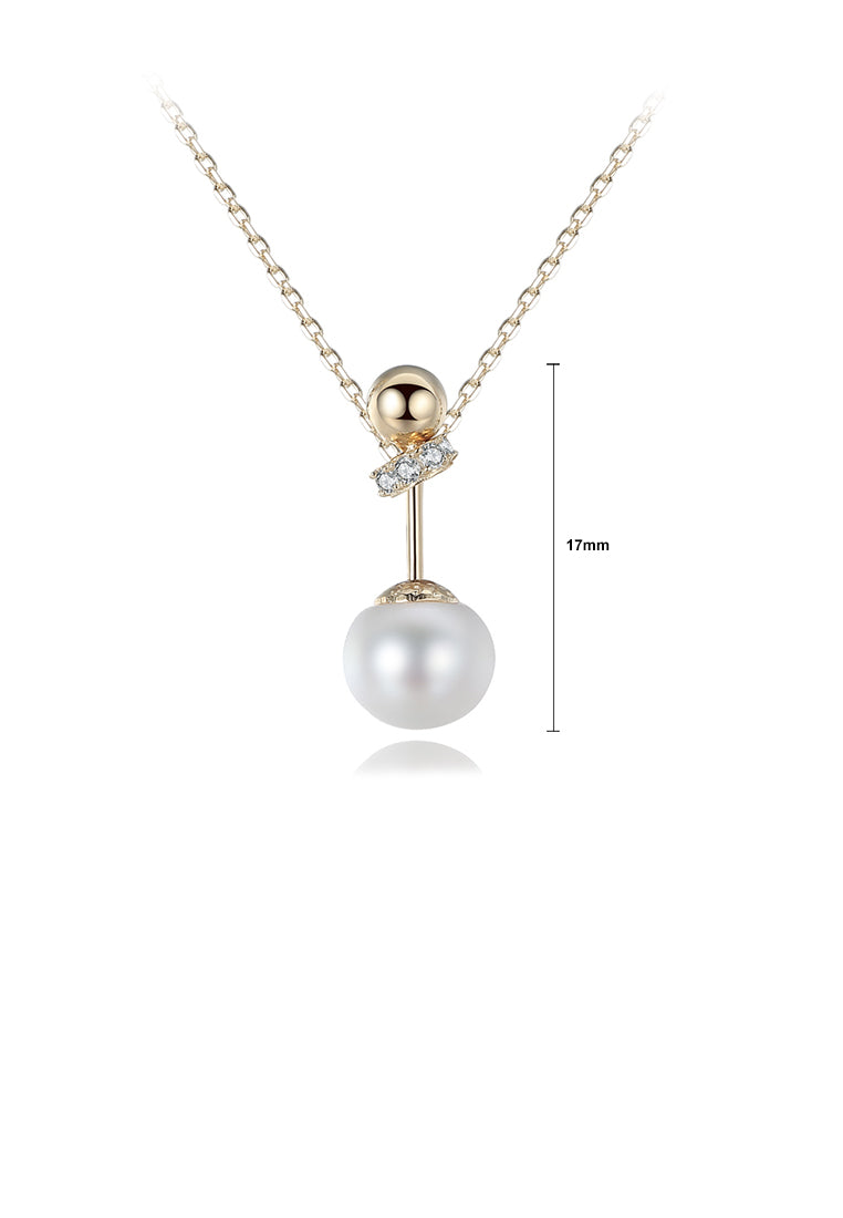 925 Sterling Silver Plated Gold Simple Fashion Geometric Round White Freshwater Pearl Pendant with Cubic Zircon and Necklace - Luxurious Look