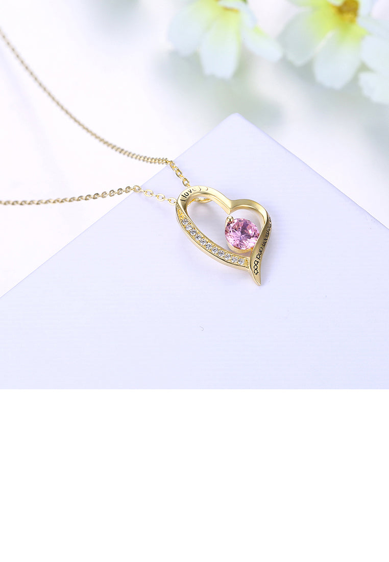 Fashion Romantic Plated Gold Heart Pendant with Pink Austrian Element Crystal and Necklace - Vibrant Color
