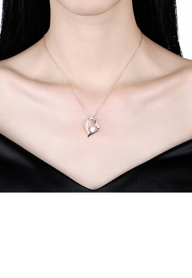 Fashion Romantic Plated Gold Heart Pendant with Pink Austrian Element Crystal and Necklace - Vibrant Color