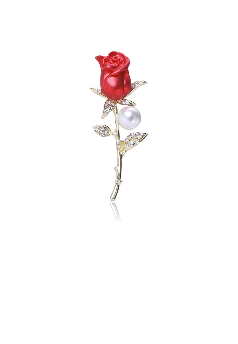 Fashion and Elegant Plated Gold Red Rose Imitation Pearl Brooch with Cubic Zirconia - Luxurious Look - Vibrant Color