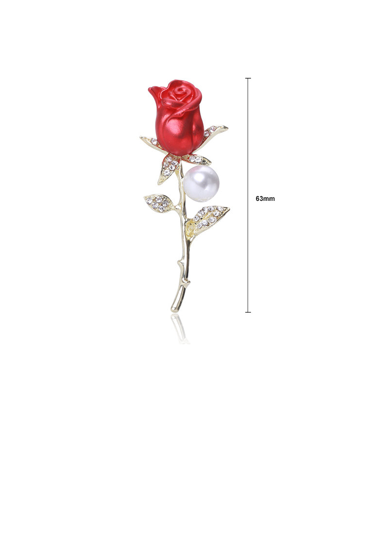 Fashion and Elegant Plated Gold Red Rose Imitation Pearl Brooch with Cubic Zirconia - Luxurious Look - Vibrant Color