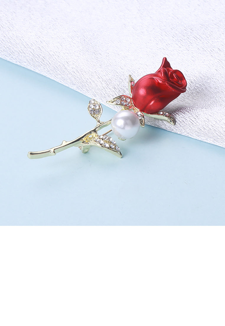 Fashion and Elegant Plated Gold Red Rose Imitation Pearl Brooch with Cubic Zirconia - Luxurious Look - Vibrant Color