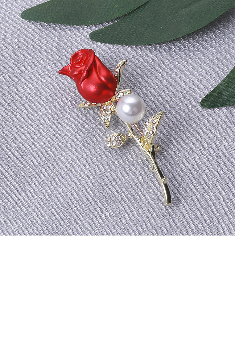 Fashion and Elegant Plated Gold Red Rose Imitation Pearl Brooch with Cubic Zirconia - Luxurious Look - Vibrant Color