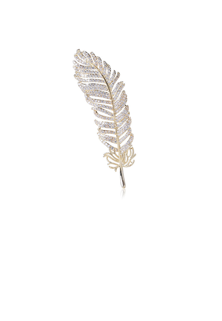 Fashion Bright Plated Gold Feather Brooch with Cubic Zirconia - Luxurious Look