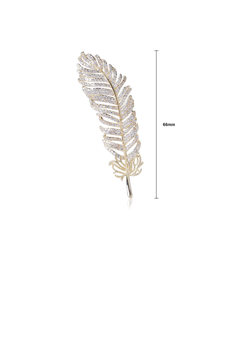 Fashion Bright Plated Gold Feather Brooch with Cubic Zirconia - Luxurious Look