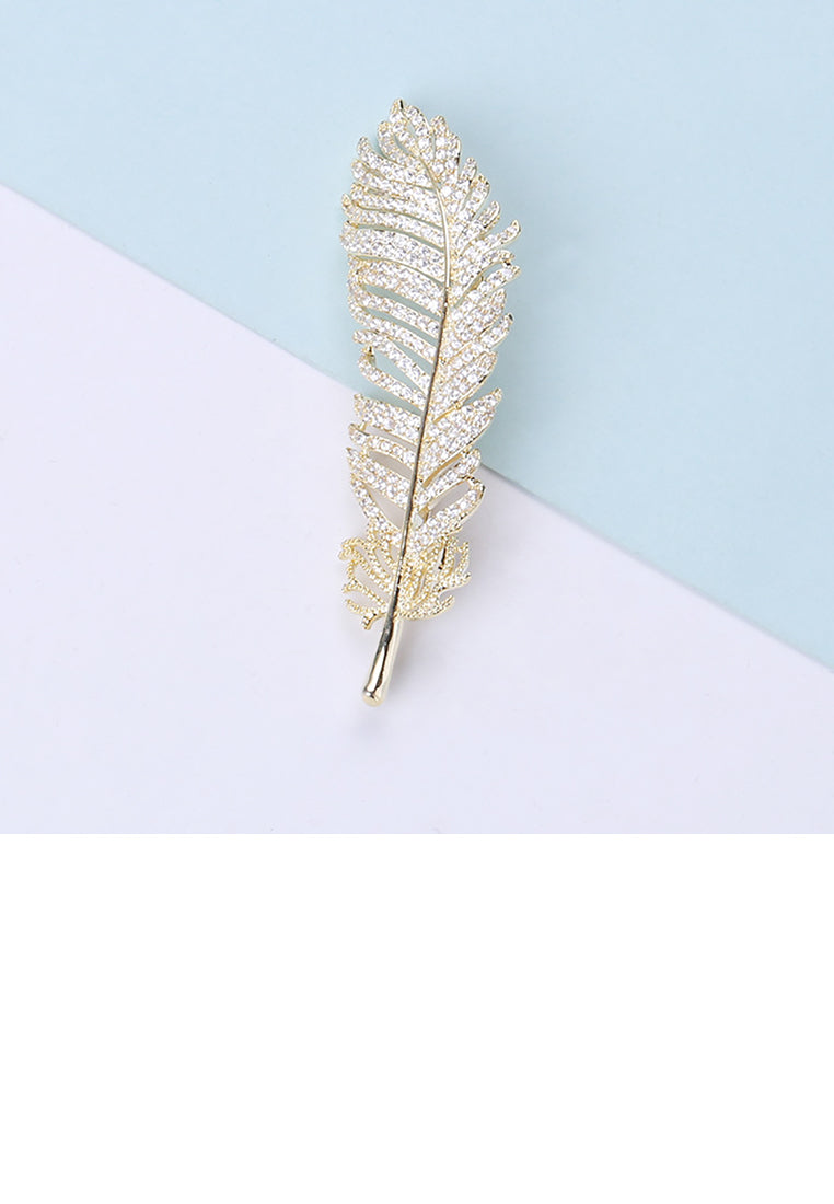 Fashion Bright Plated Gold Feather Brooch with Cubic Zirconia - Luxurious Look