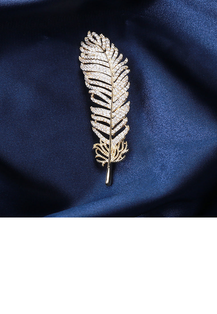 Fashion Bright Plated Gold Feather Brooch with Cubic Zirconia - Luxurious Look