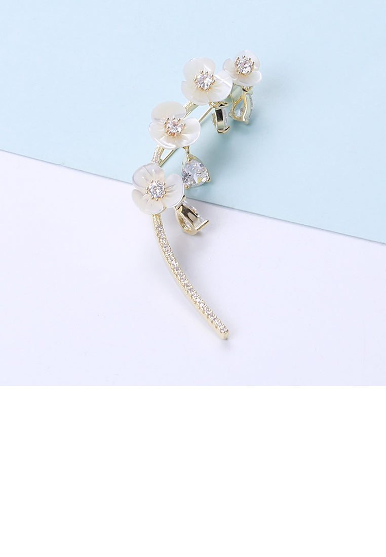 Simple and Fashion Plated Gold Flower Shell Brooch with Cubic Zirconia - Luxurious Look