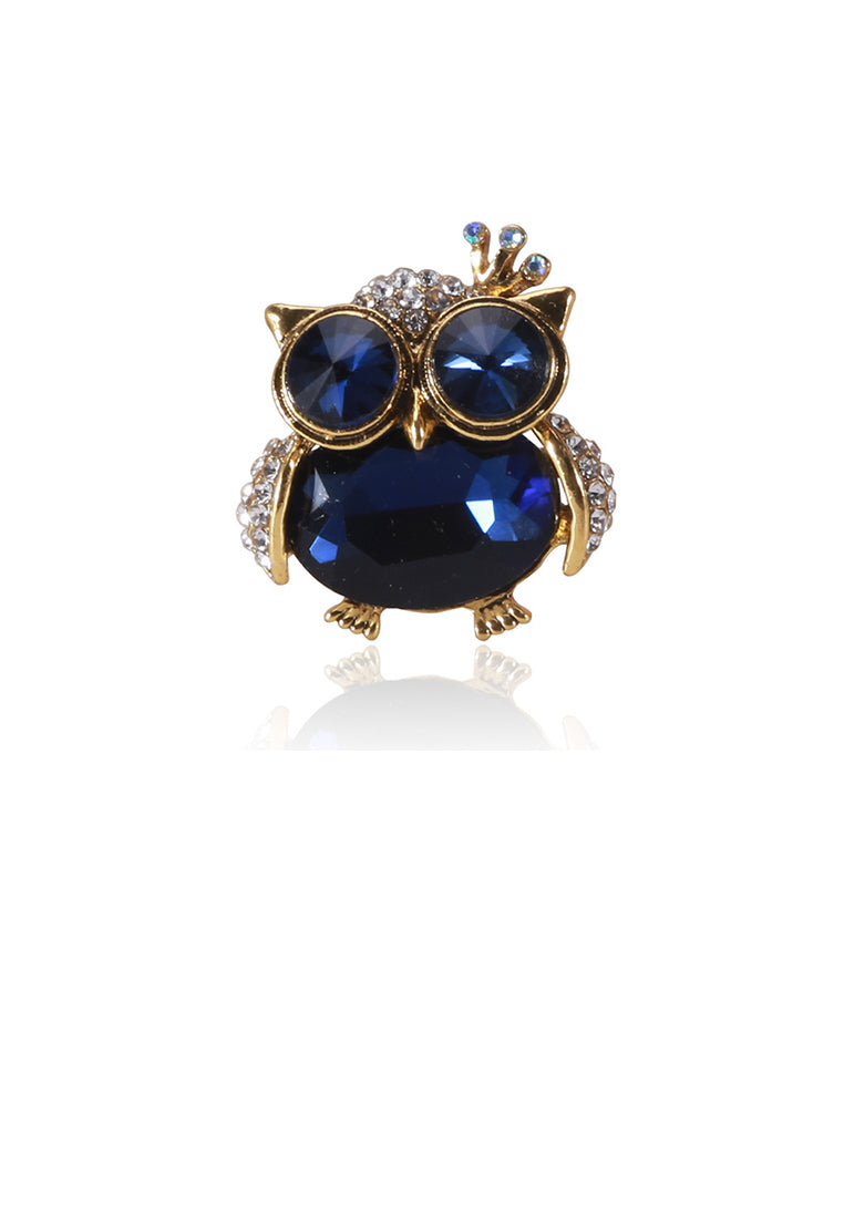 Simple and Cute Plated Gold Owl Brooch with Blue Cubic Zirconia - Luxurious Look