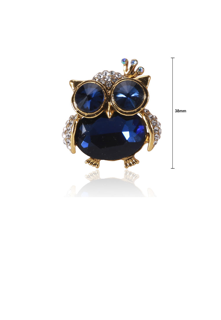 Simple and Cute Plated Gold Owl Brooch with Blue Cubic Zirconia - Luxurious Look