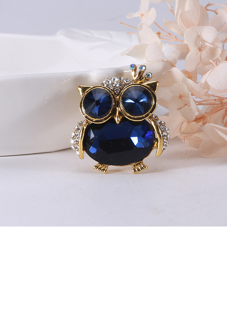Simple and Cute Plated Gold Owl Brooch with Blue Cubic Zirconia - Luxurious Look
