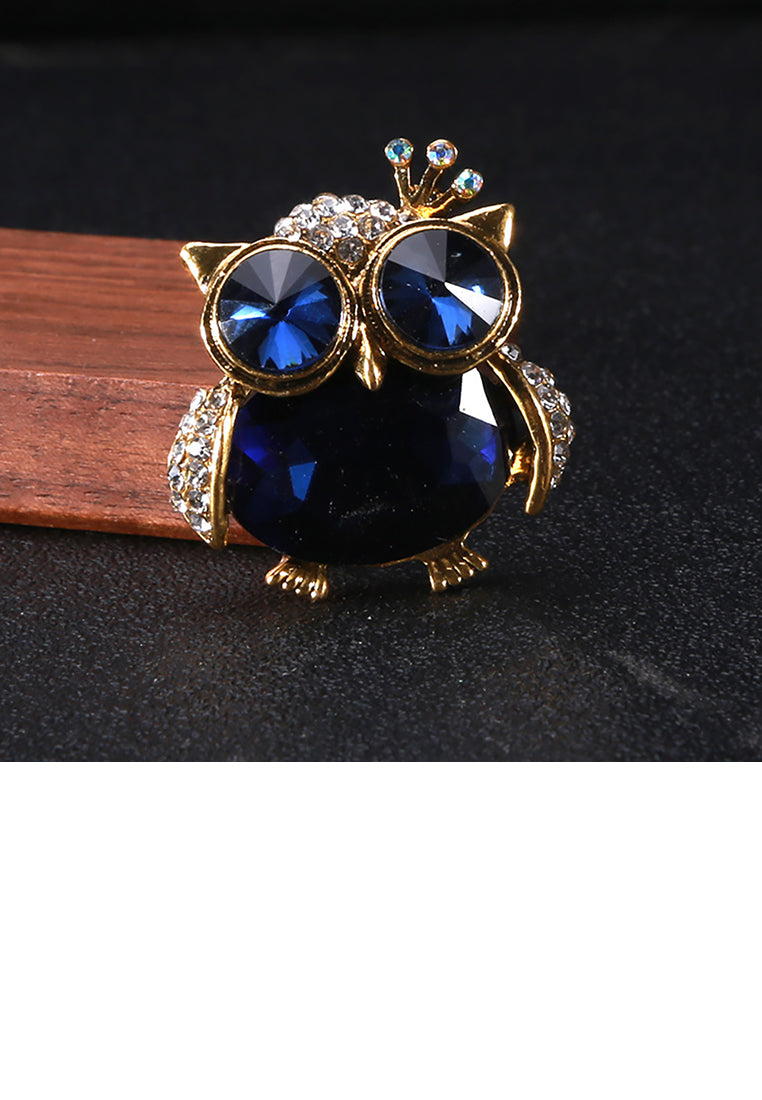 Simple and Cute Plated Gold Owl Brooch with Blue Cubic Zirconia - Luxurious Look