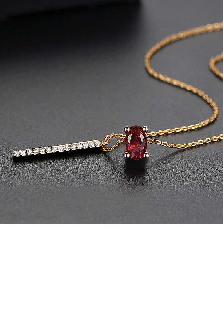 Fashion and Elegant Plated Gold Geometric Red Cubic Zirconia Tassel Pendant with Necklace - Luxurious Look - Vibrant Color