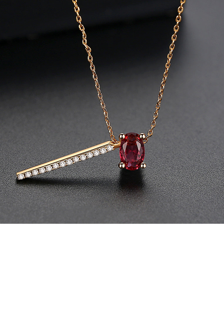 Fashion and Elegant Plated Gold Geometric Red Cubic Zirconia Tassel Pendant with Necklace - Luxurious Look - Vibrant Color