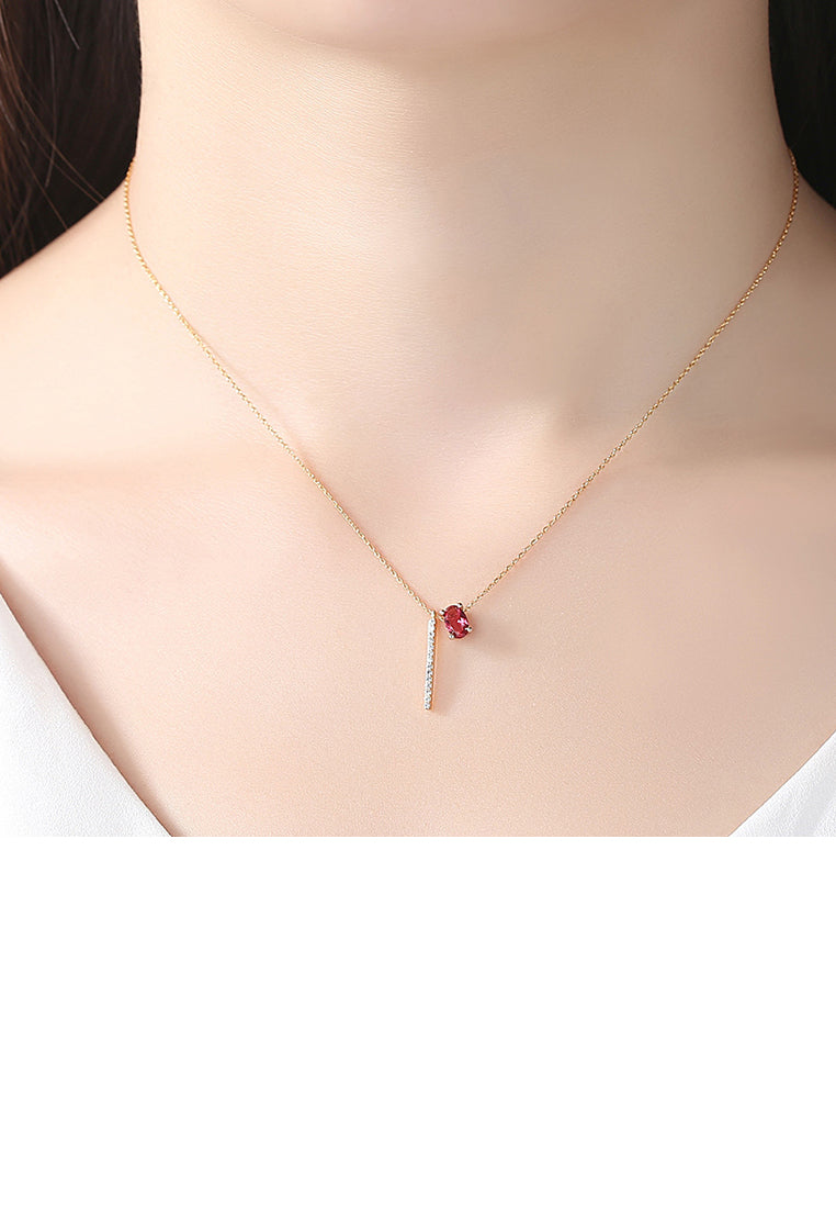 Fashion and Elegant Plated Gold Geometric Red Cubic Zirconia Tassel Pendant with Necklace - Luxurious Look - Vibrant Color