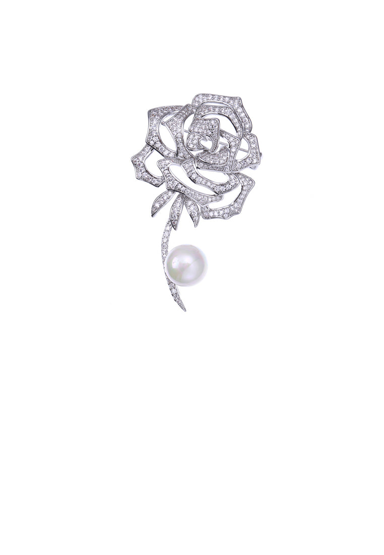 Fashion and Elegant Rose Flower Imitation Pearl Brooch with Cubic Zirconia - Luxurious Look
