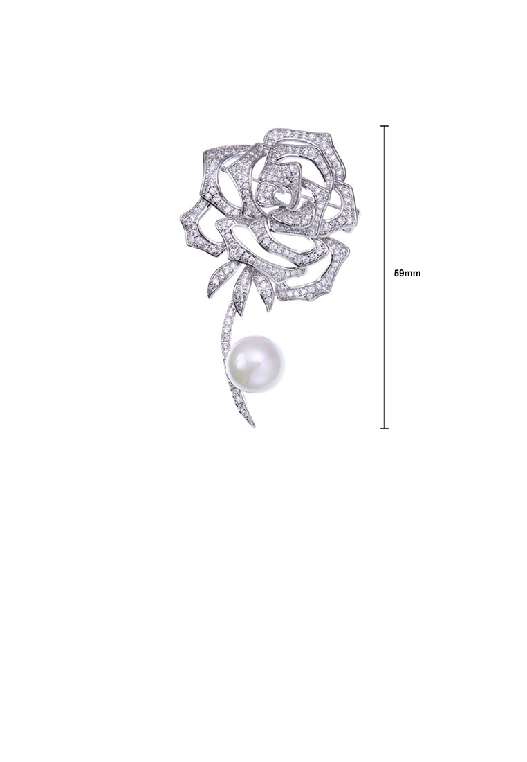 Fashion and Elegant Rose Flower Imitation Pearl Brooch with Cubic Zirconia - Luxurious Look