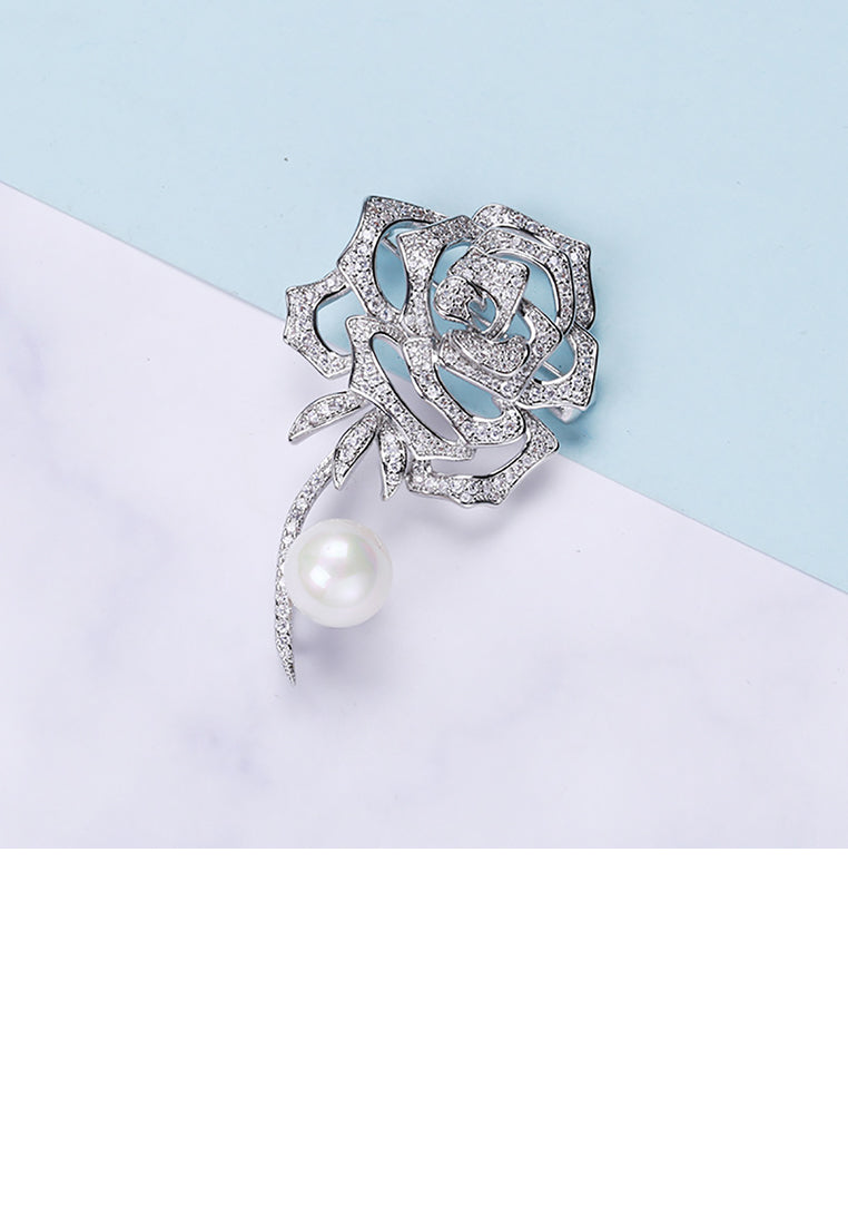 Fashion and Elegant Rose Flower Imitation Pearl Brooch with Cubic Zirconia - Luxurious Look