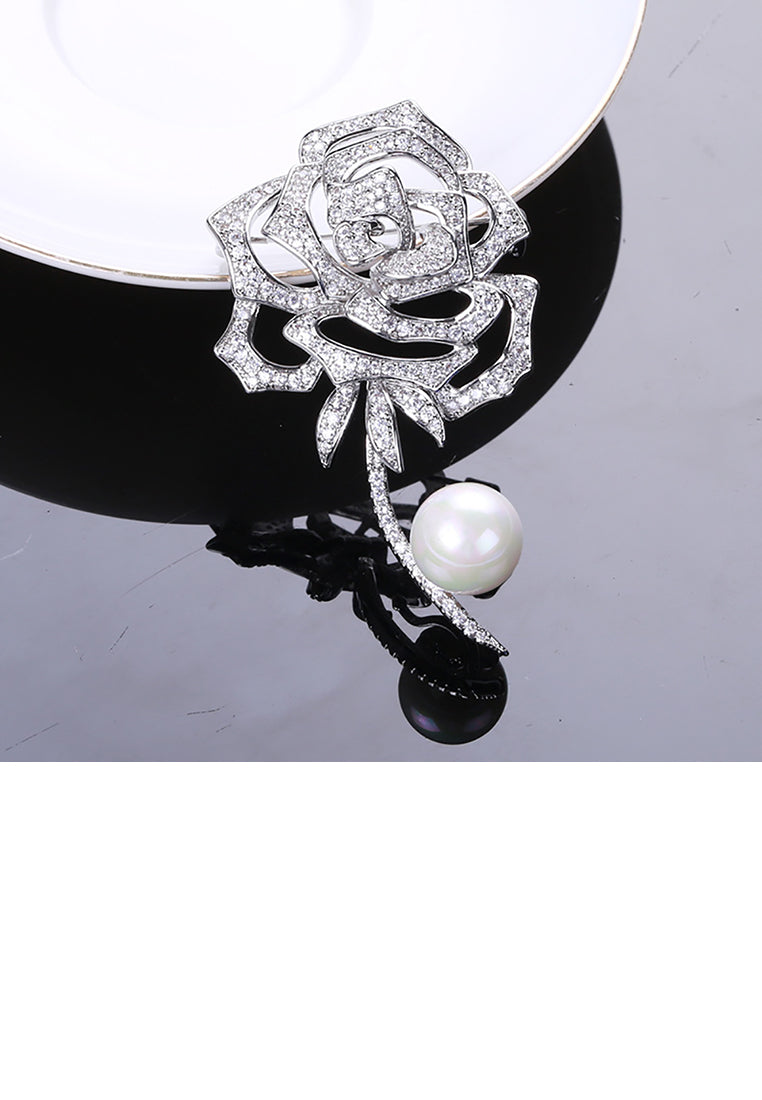 Fashion and Elegant Rose Flower Imitation Pearl Brooch with Cubic Zirconia - Luxurious Look