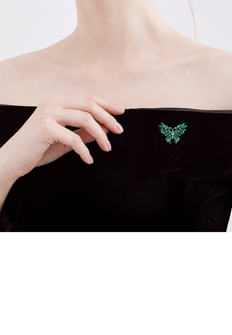 Fashion Bright Plated Gold Butterfly Brooch with Green Cubic Zirconia - Luxurious Look