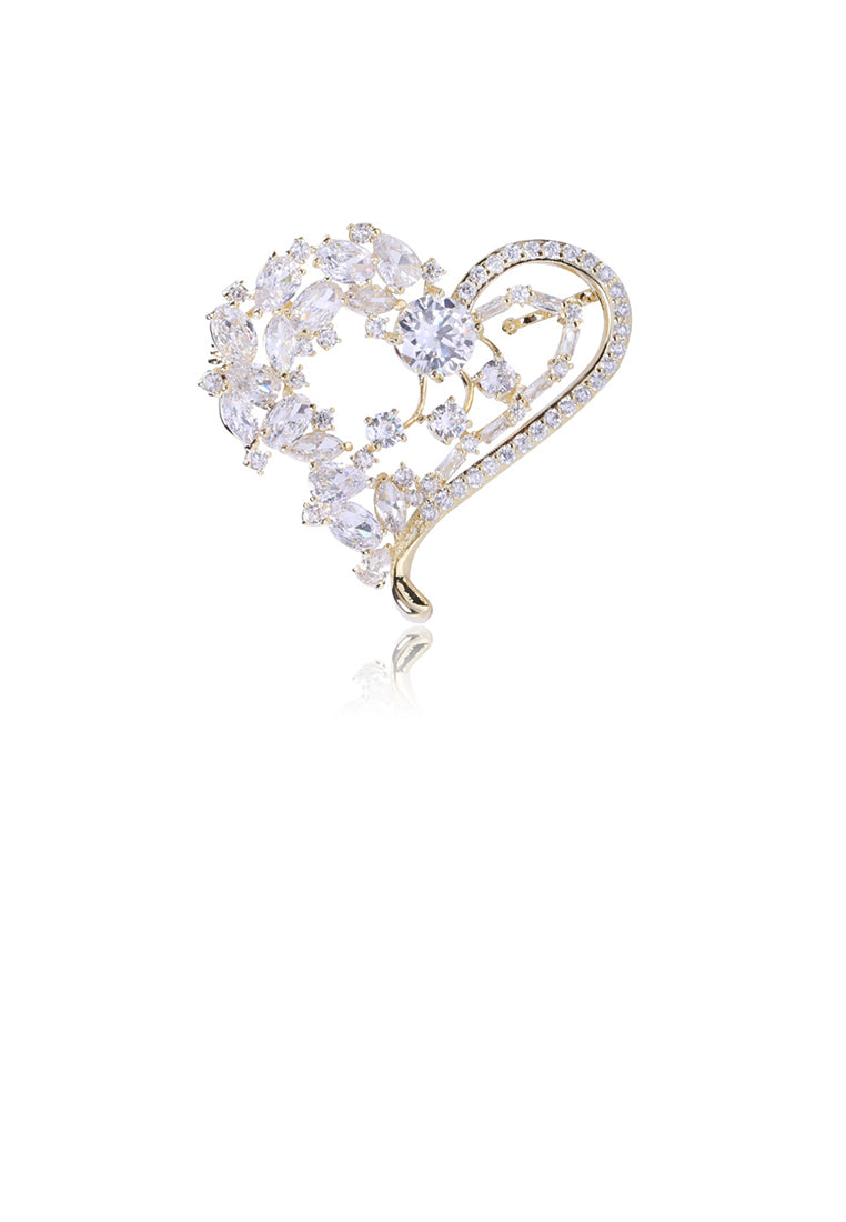 Fashion Temperament Plated Gold Heart-shaped Brooch with Cubic Zirconia - Luxurious Look