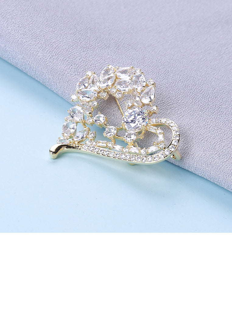 Fashion Temperament Plated Gold Heart-shaped Brooch with Cubic Zirconia - Luxurious Look