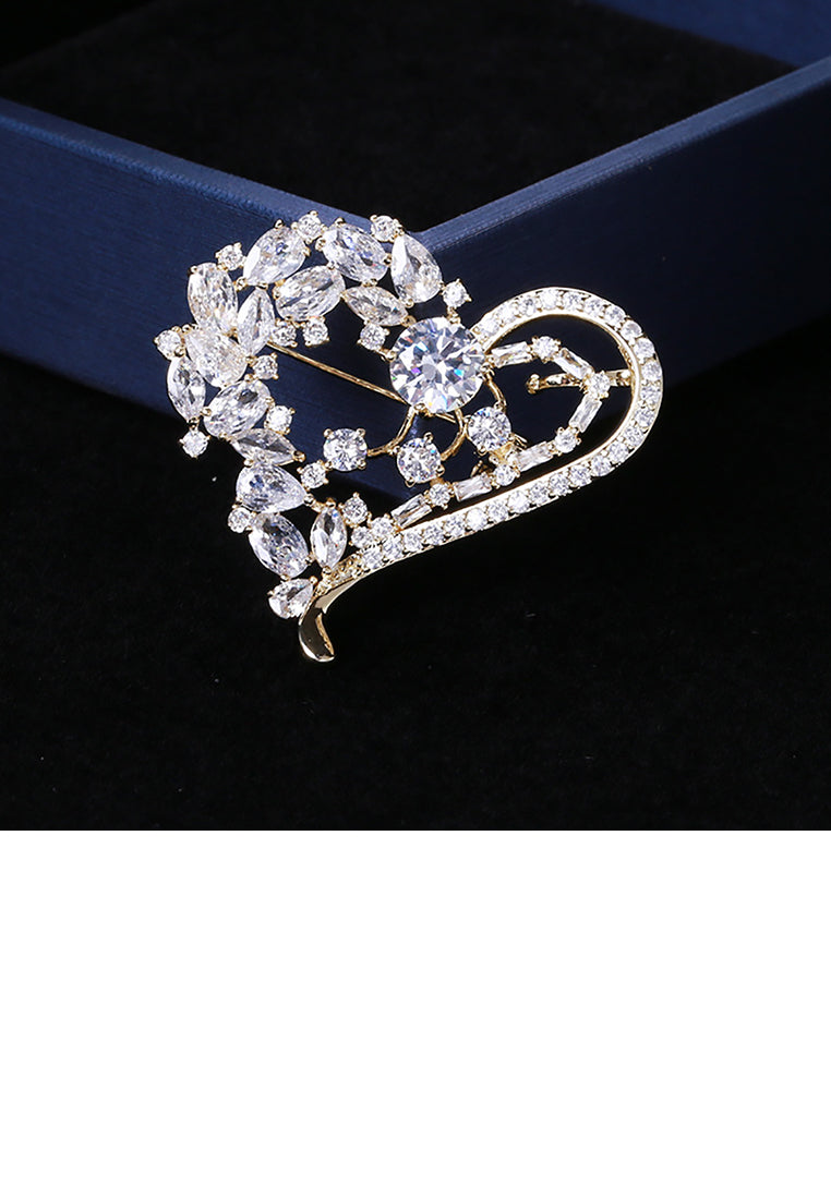 Fashion Temperament Plated Gold Heart-shaped Brooch with Cubic Zirconia - Luxurious Look