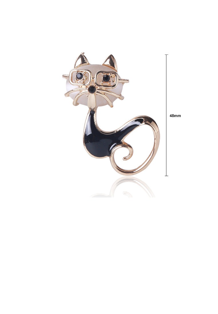 Simple and Cute Plated Gold Enamel Black Glasses Cat Brooch with Cubic Zirconia - Luxurious Look