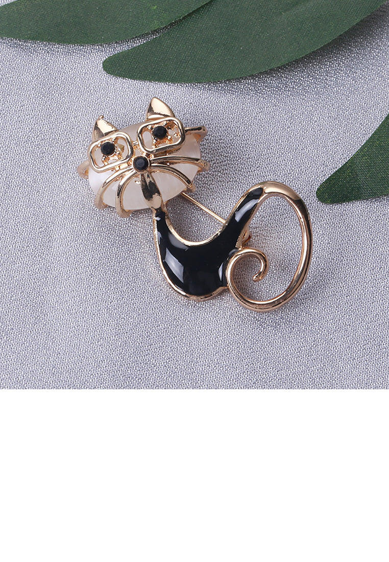 Simple and Cute Plated Gold Enamel Black Glasses Cat Brooch with Cubic Zirconia - Luxurious Look