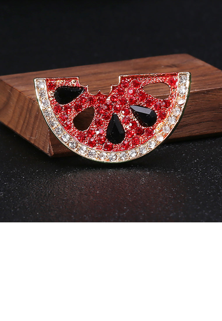 Simple and Fashion Plated Gold Watermelon Brooch with Red Cubic Zirconia - Luxurious Look - Vibrant Color