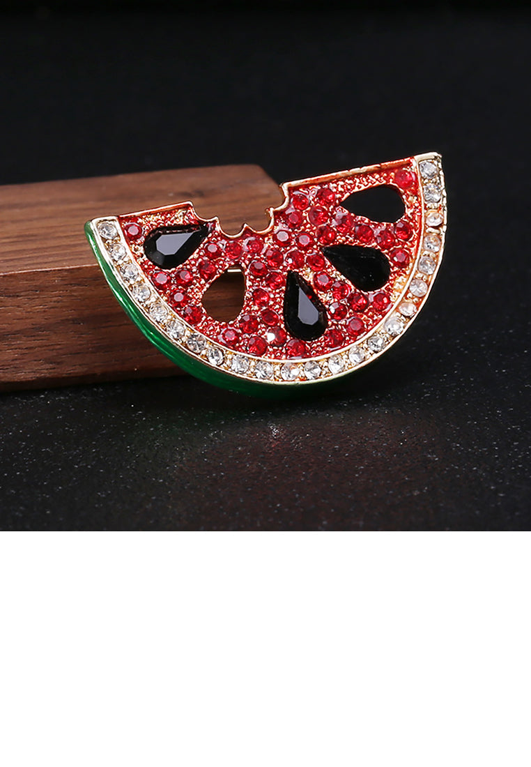 Simple and Fashion Plated Gold Watermelon Brooch with Red Cubic Zirconia - Luxurious Look - Vibrant Color