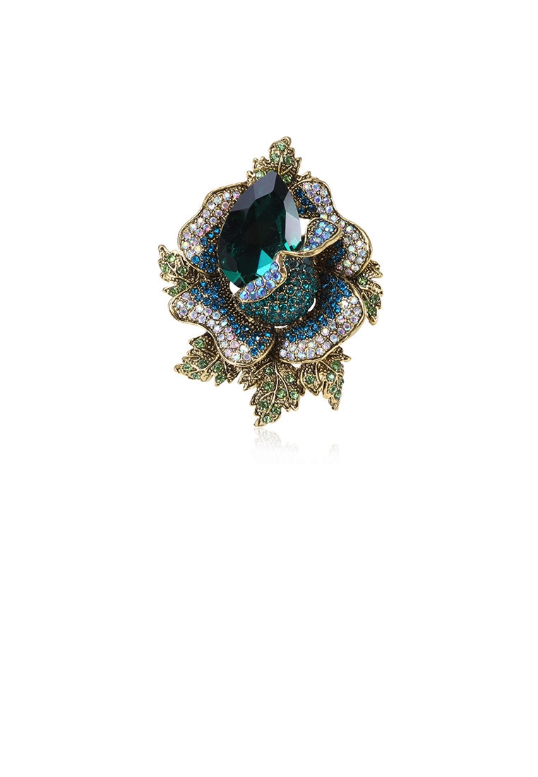 Elegant and Bright Plated Gold Flower Brooch with Green Cubic Zirconia - Luxurious Look