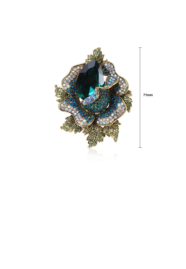 Elegant and Bright Plated Gold Flower Brooch with Green Cubic Zirconia - Luxurious Look