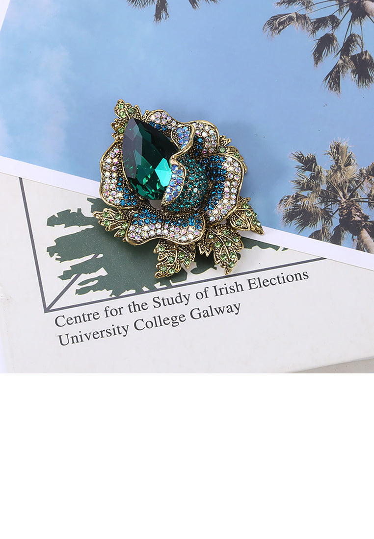 Elegant and Bright Plated Gold Flower Brooch with Green Cubic Zirconia - Luxurious Look