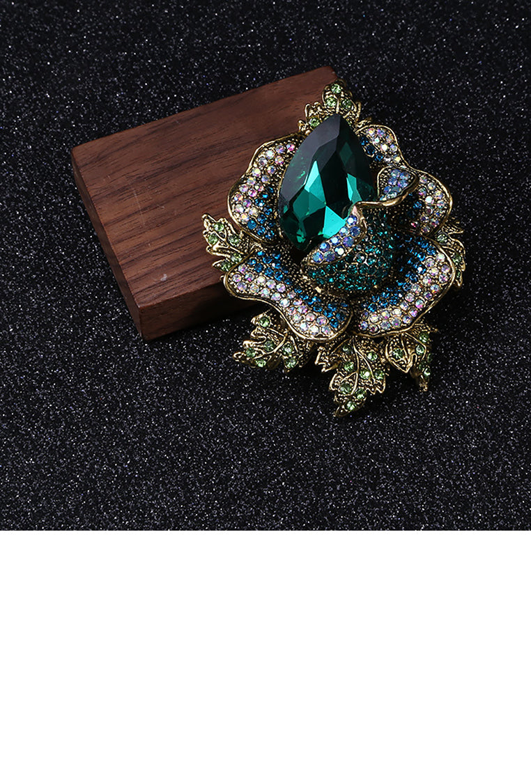 Elegant and Bright Plated Gold Flower Brooch with Green Cubic Zirconia - Luxurious Look