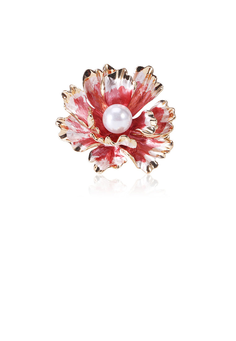 Fashion and Elegant Plated Gold Red Flower Imitation Pearl Brooch - Luxurious Look - Vibrant Color