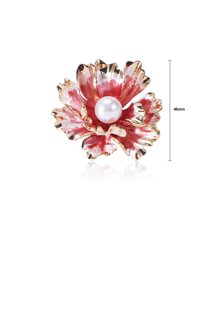 Fashion and Elegant Plated Gold Red Flower Imitation Pearl Brooch - Luxurious Look - Vibrant Color
