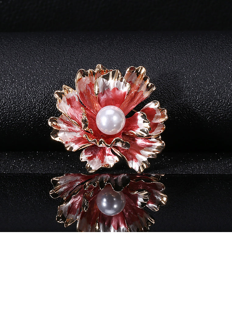 Fashion and Elegant Plated Gold Red Flower Imitation Pearl Brooch - Luxurious Look - Vibrant Color