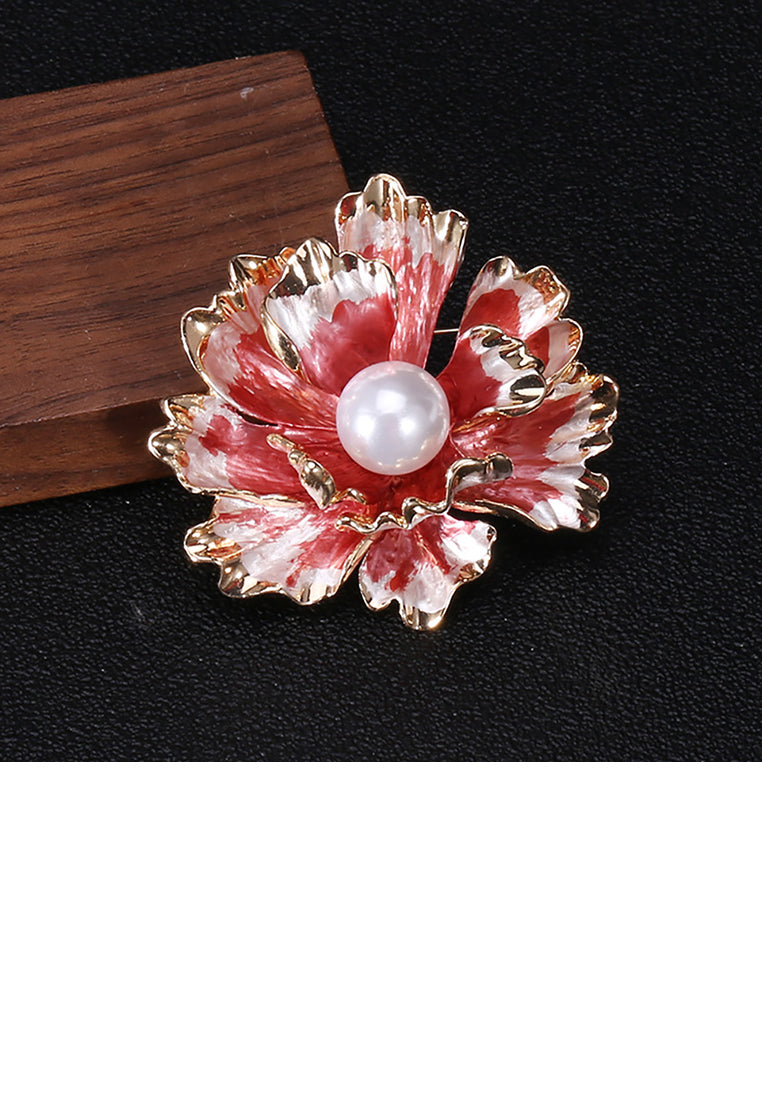 Fashion and Elegant Plated Gold Red Flower Imitation Pearl Brooch - Luxurious Look - Vibrant Color