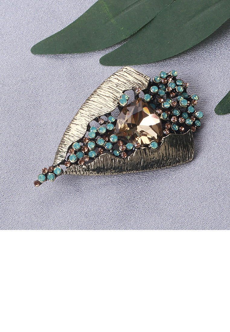Fashion Vintage Plated Gold Leaf Brooch with Cubic Zirconia - Luxurious Look