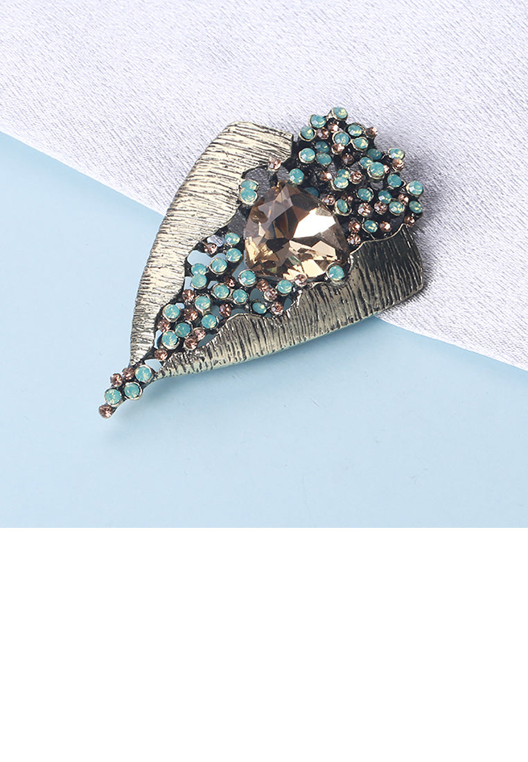 Fashion Vintage Plated Gold Leaf Brooch with Cubic Zirconia - Luxurious Look