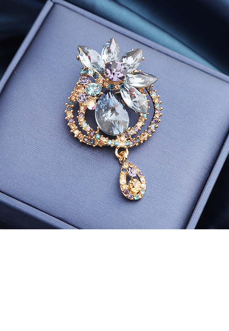 Fashion and Elegant Plated Gold Floral Brooch with Cubic Zirconia - Luxurious Look