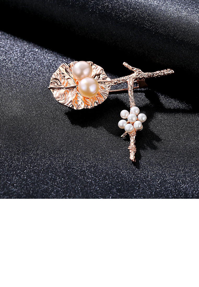 925 Sterling Silver Plated Rose Gold Simple Flower Brooch with Pink Freshwater Pearls - Vibrant Color