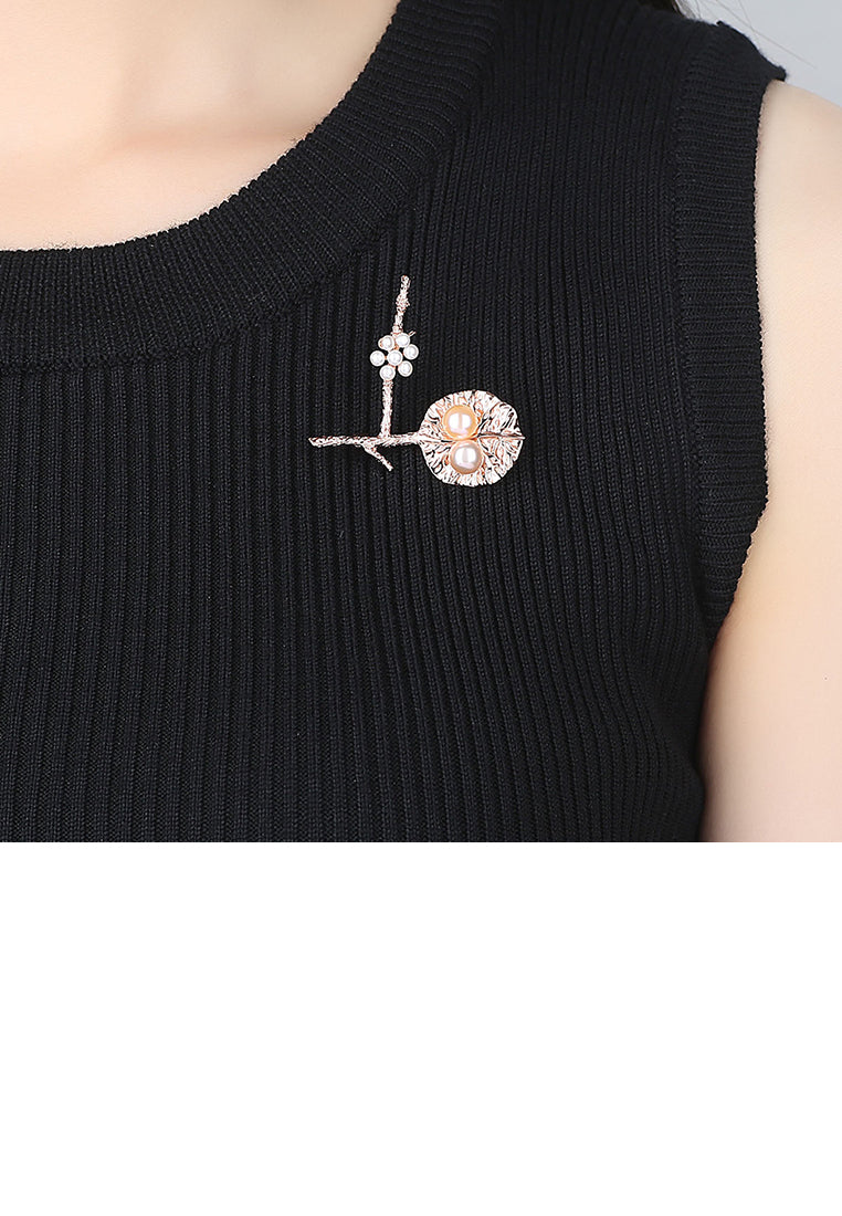 925 Sterling Silver Plated Rose Gold Simple Flower Brooch with Pink Freshwater Pearls - Vibrant Color